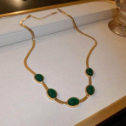 💚 Oval Green Crystal Pendant Necklace Set with Matching Bracelet